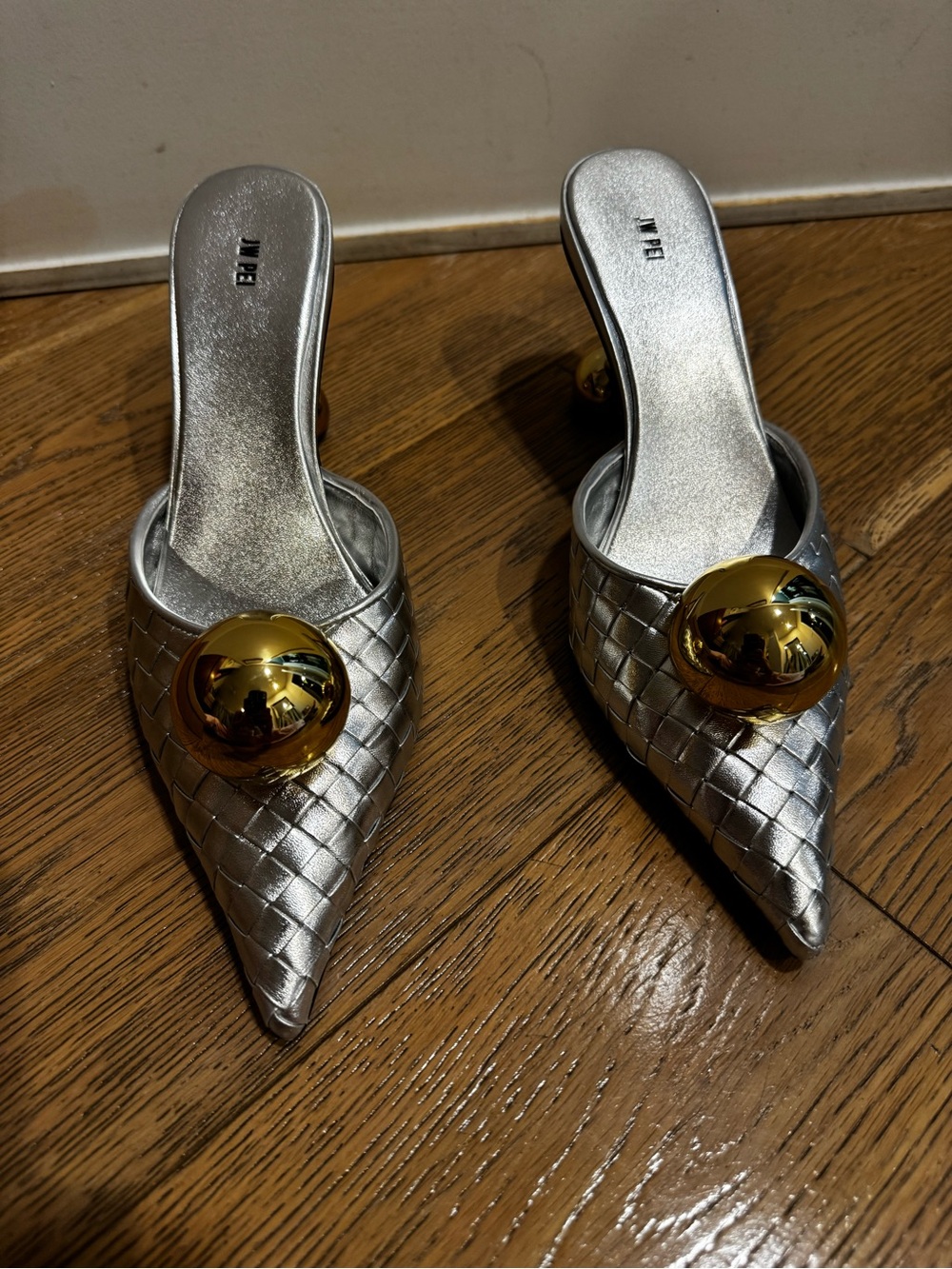 JW PEI Silver Woven Pointed Mule with Gold Orb Heel - Picture 4 of 4